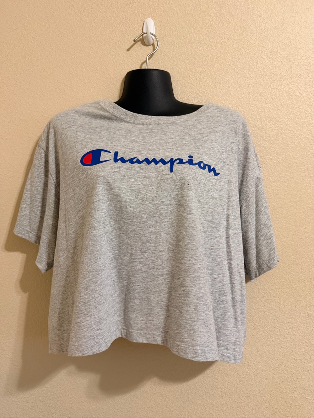 Champion Light Gray Cropped Tee with Blue Script and Red Logo Accent